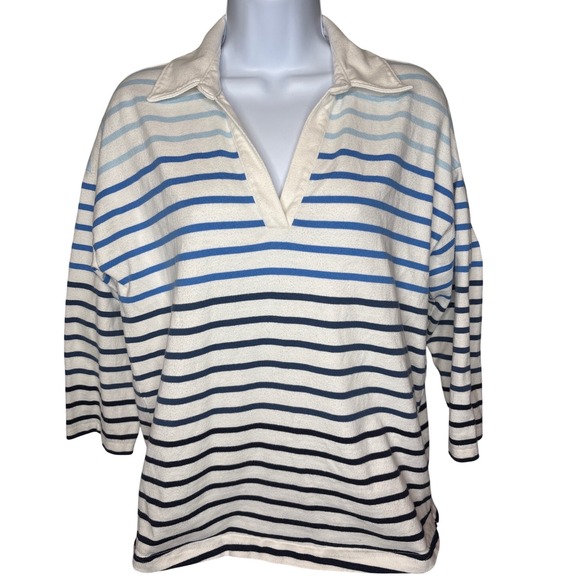 L.L. Bean Sweaters - L.L. Bean Womens Blue Striped Cotton V-Neck Rugby Sweater‎ Sz M Coastal Grandma